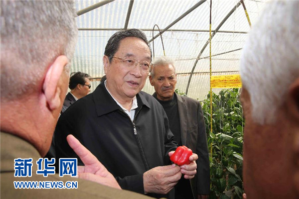 11月8日，正在約旦進(jìn)行正式友好訪問的全國政協(xié)主席俞正聲在約旦河谷參觀碩果農(nóng)業(yè)合作社。 新華社記者 劉衛(wèi)兵 攝 