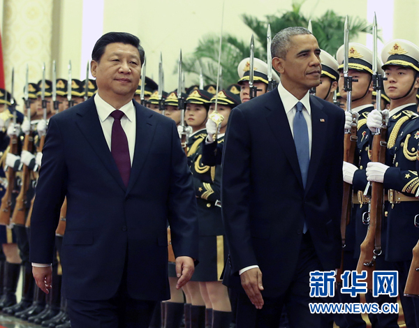 11月12日，國家主席習(xí)近平在北京人民大會堂舉行歡迎儀式，歡迎美國總統(tǒng)奧巴馬對中國進行國事訪問。 新華社記者 龐興雷 攝