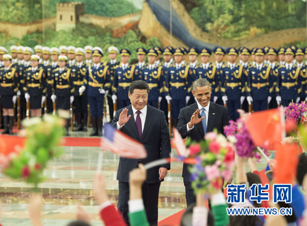 11月12日，國家主席習(xí)近平在北京人民大會堂舉行歡迎儀式，歡迎美國總統(tǒng)奧巴馬對中國進行國事訪問。 新華社記者 黃敬文 攝